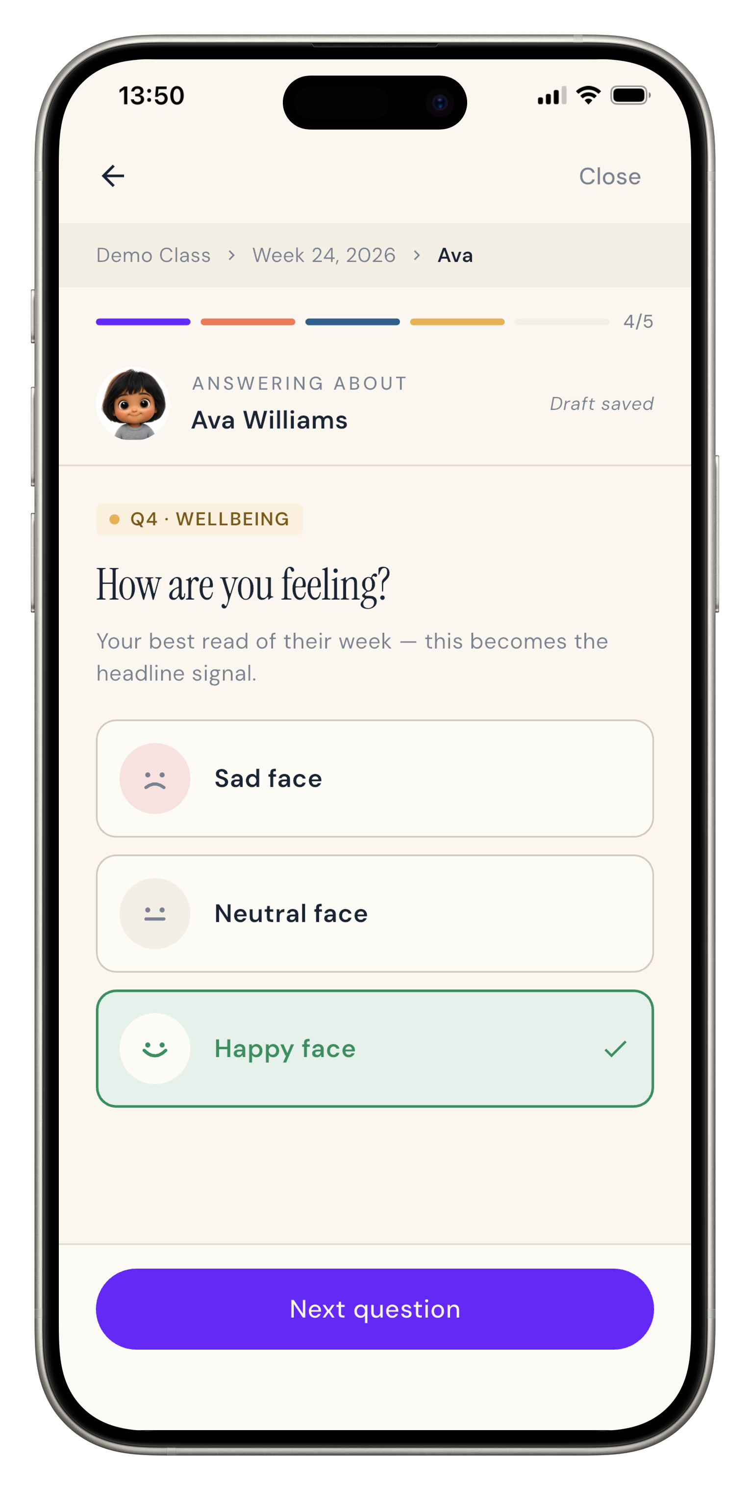 Kinnections Conversation wellbeing question screen